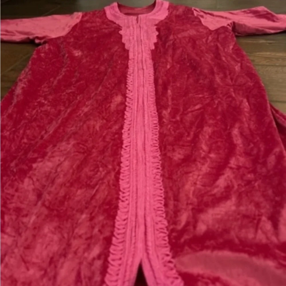 Long Pink Velvet Robe with Trim